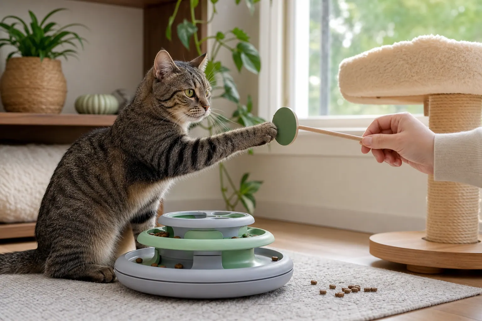 A tabby cat playing with an enrichment toy in a bright home
